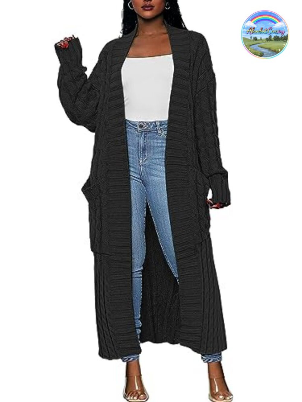 Long Cardigan Open Front Cable Knit Maxi Sweater Coat with Pockets